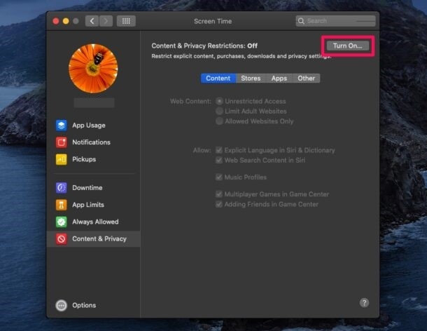 block page on mac step 2 select turn on button