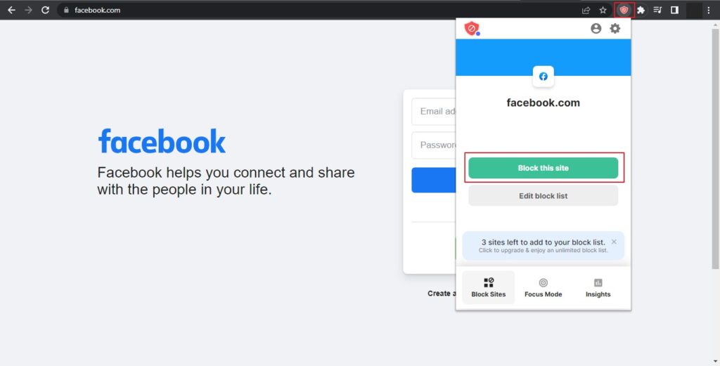 click on block this site button block facebook for ios