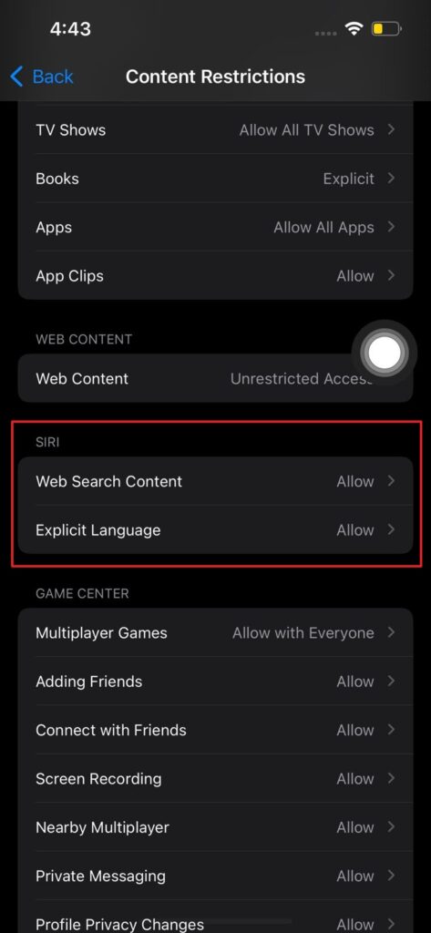 adjust siri settings to rescrict