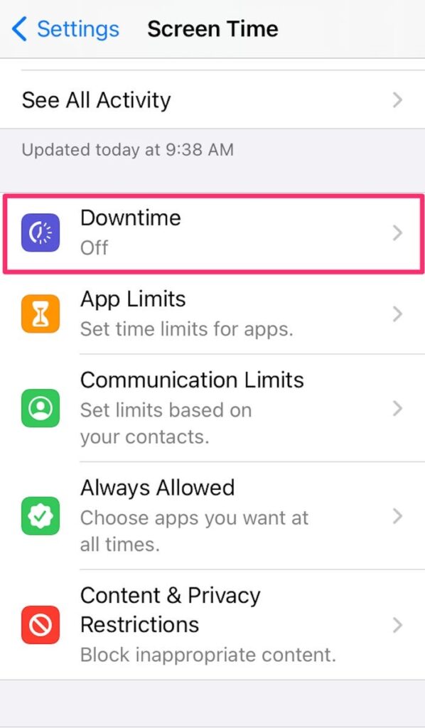 access the downtime option for parental control iphone