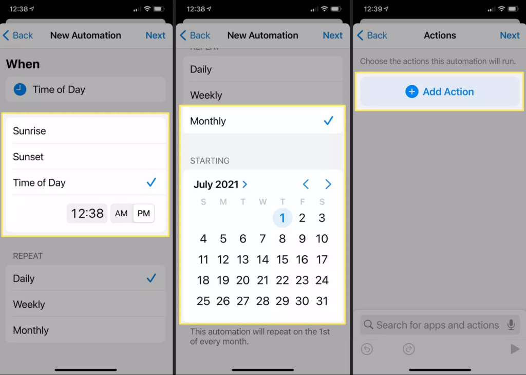 schedule text messages on iphone-add action